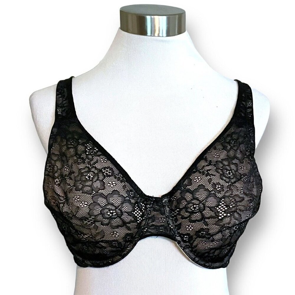 Ambrielle 38D Bra Black Illusion Lace Unlined Full Figure Coverage Underwire